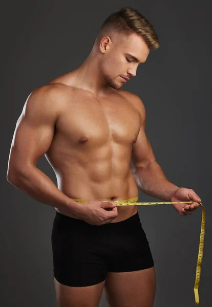 Losing Weight Gaining Muscles Handsome Athletic Young Man Measuring His —  Fotos de Stock
