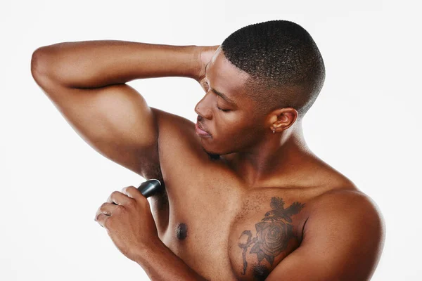 Static Cowards Studio Shot Handsome Young Man Applying Deodorant White — Foto Stock