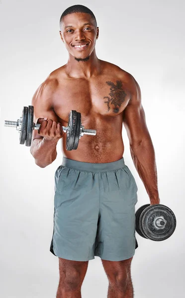 Now Sadly Studio Portrait Shirtless Handsome Young Man Using Weights — Foto Stock