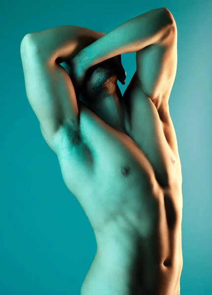 Chiselled Masterpiece Art Studio Shot Handsome Young Man Posing Blue — Stockfoto