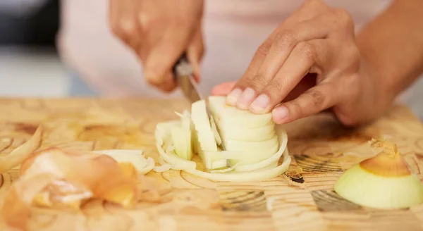 Every Meal Begins Base Onions Woman Cutting Onion — Stock Photo, Image