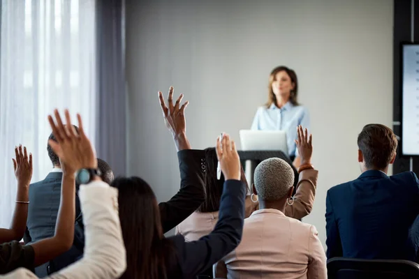 Put City Map Rearview Shot Group Businesspeople Raising Hands Conference — Foto de Stock