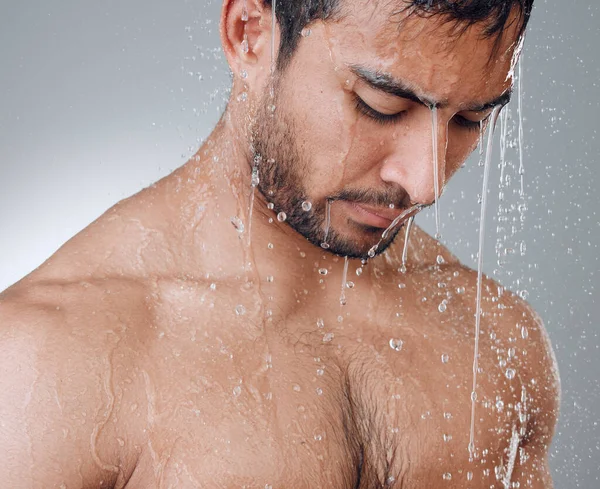 Bad Day Take Warm Shower Young Man Taking Shower Grey — Fotografia de Stock