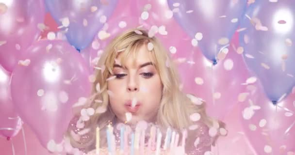 Video Footage Young Woman Blowing Out Birthday Candles Studio Background — Vídeo de Stock