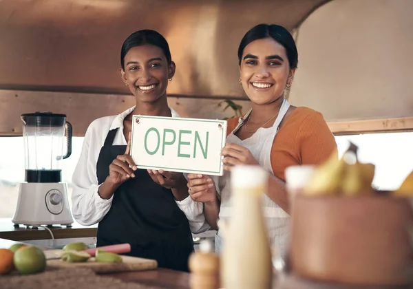 Sisters Doing Themselves Two Young Businesswomen Holding Open Sign Food — Photo