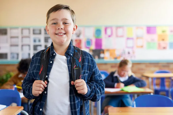 Ready Another Day Learning Young Boy Standing His Classroom School — Stock Photo, Image