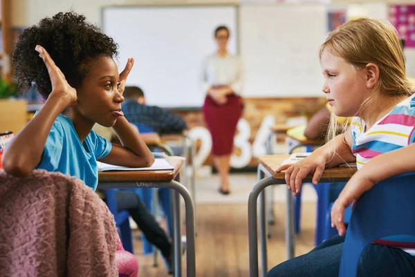 Bullying Needs Stopped Young Girl Sitting Classroom School Bullying Her — Stock Photo, Image