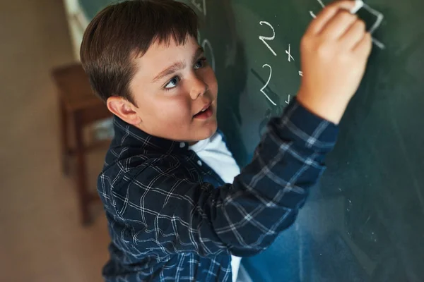 Math Strongest Subject Young Boy Standing Alone Writing Blackboard Lesson — стоковое фото