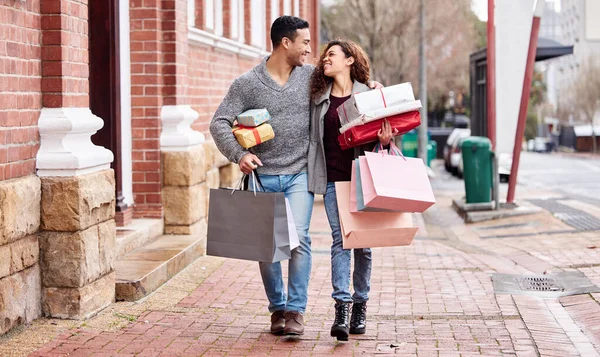 Shopping Special Occasion Full Length Shot Affectionate Young Couple Enjoying — Stockfoto