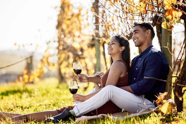 Дати Тобою Пікнік Молода Пара Має Вино Побаченні Виноробній Фермі — стокове фото