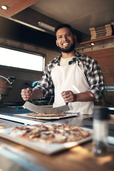 Your Pizza Almost Ready Handsome Young Man Standing Preparing Freshly — Stock Photo, Image