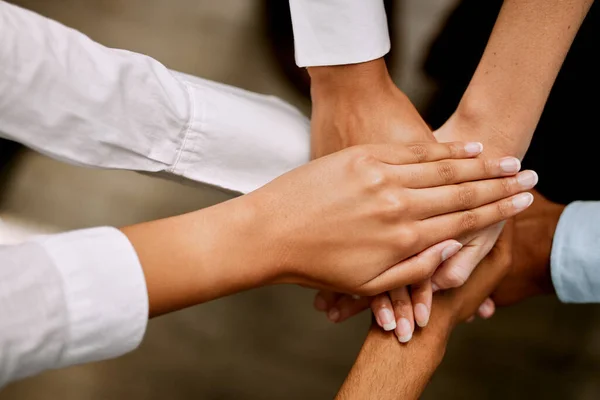 Teamwork Three Group Unrecognizable People Stacking Hands Office — Photo