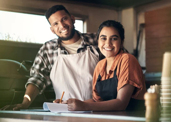 Built Ground Two Young Restaurant Owners Standing Together Planning Menu — Stock Photo, Image