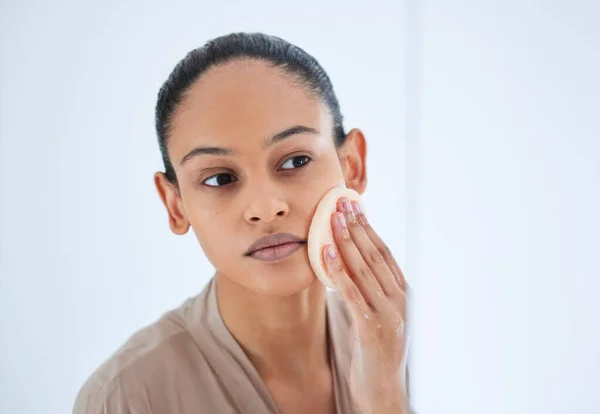 Never Neglect Skin Attractive Young Woman Standing Alone Her Bathroom — Stok Foto