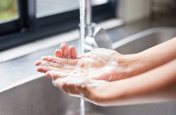 Hygiene Priority Unrecognizable Woman Washing Her Hands Sink Home — Φωτογραφία Αρχείου
