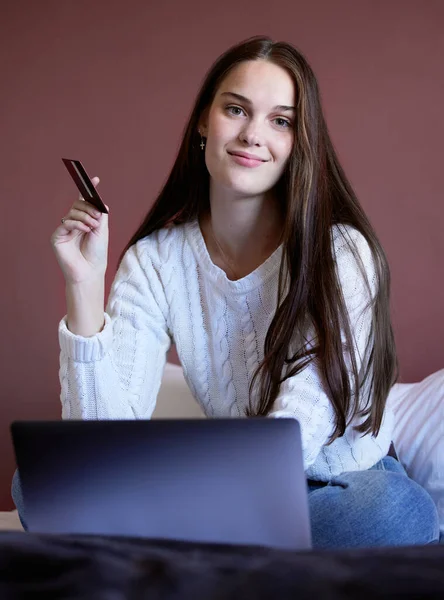 Debt Free Happier Ever Young Woman Shopping Online Using Her — Foto de Stock