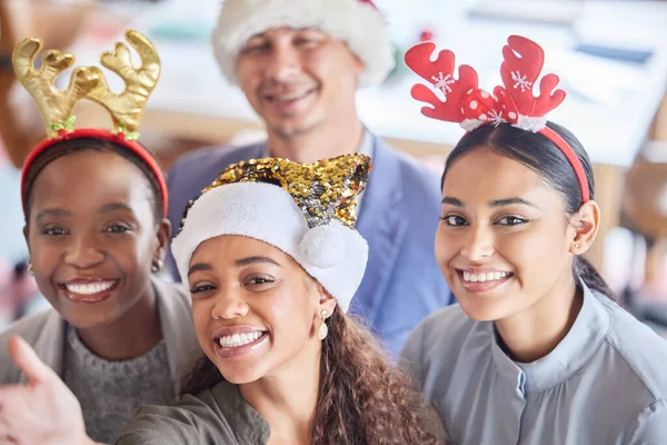 Put Your Best Party Hats Group Colleagues Taking Selfie While — Stock Fotó