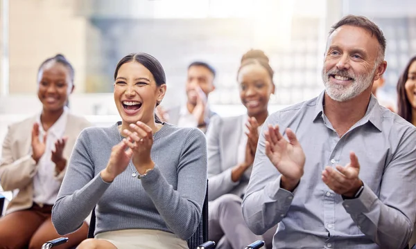 Well Done Bravo Group Businesspeople Applauding While Sitting Office Conference — Foto de Stock