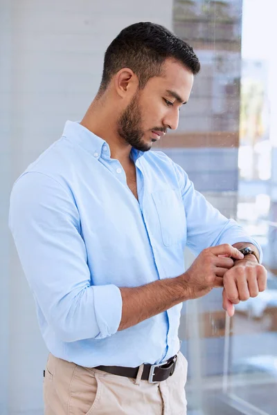 Time Make Change Young Businessman Checking Time His Watch — Fotografia de Stock