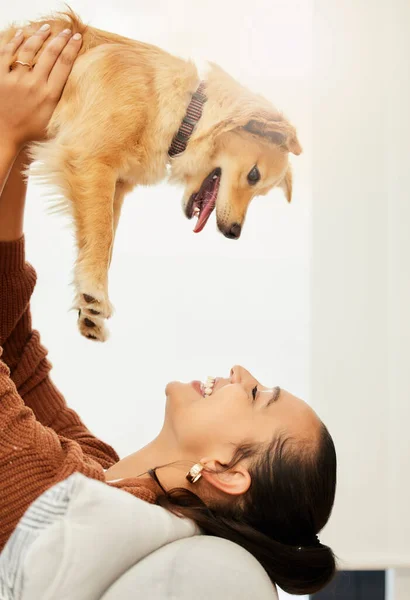 Loved Forever More Attractive Young Woman Playfully Lifting Her Dog — Foto de Stock