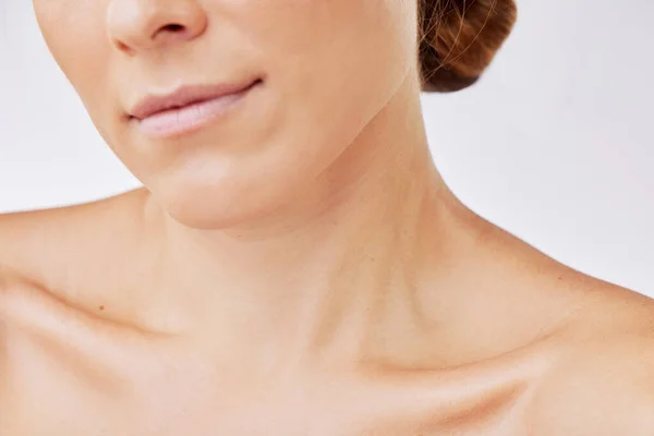 Secret Tight Skin Consistency Womans Glowing Skin Studio Background — Stok Foto