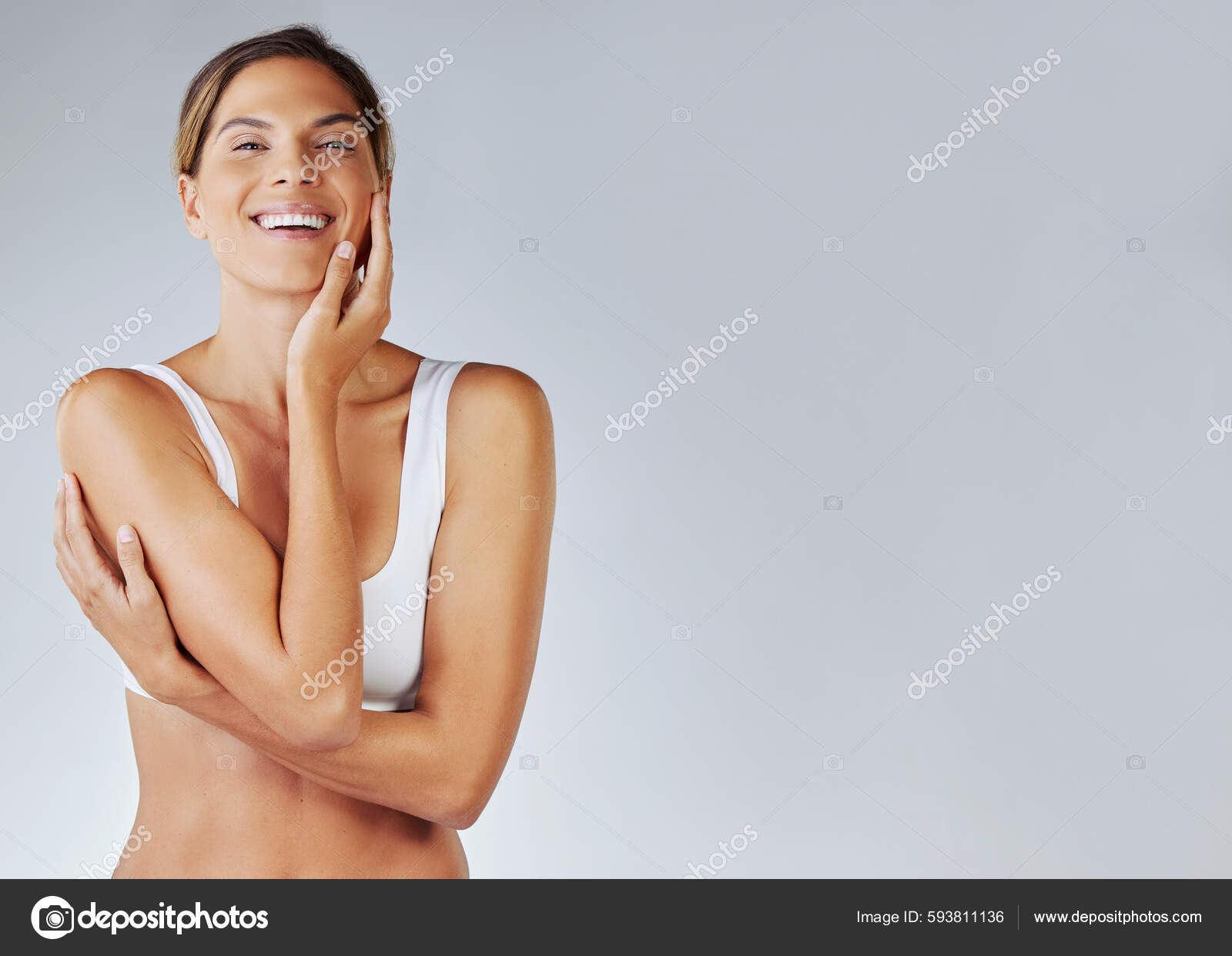 Happiness Infectious Young Woman Admiring Her Complexion Studio