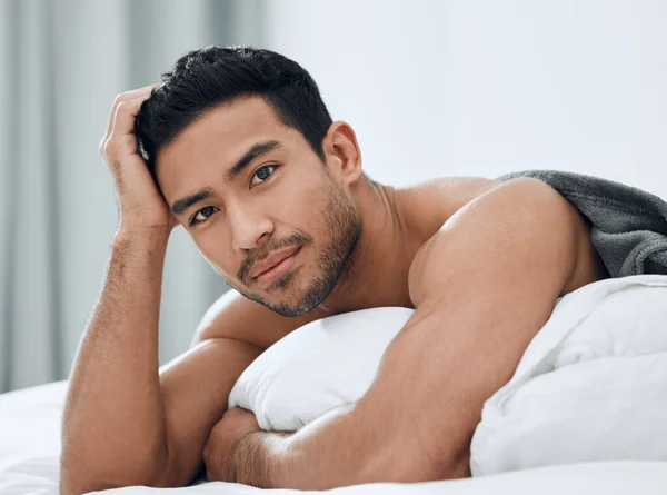 Tell Little More Yourself Handsome Young Man Lying His Bed — Fotografia de Stock