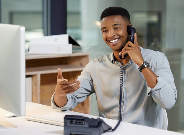 Thats What Love Hear Young Man Using Telephone Computer Modern — Stockfoto