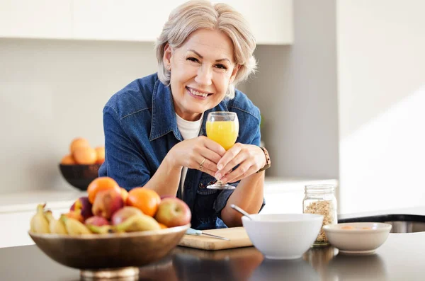 Start Day Right Senior Woman Drinking Glass Orange Juice Home —  Fotos de Stock