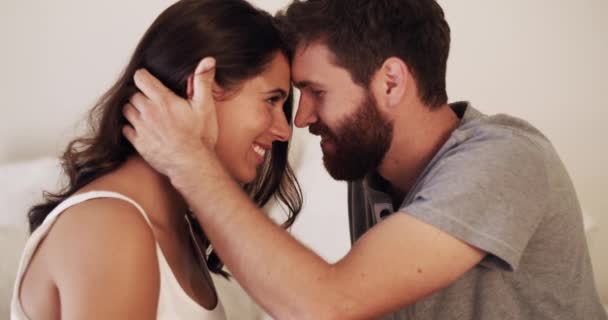 Video Footage Affectionate Young Couple Sharing Romantic Moment Bedroom Home — Video Stock