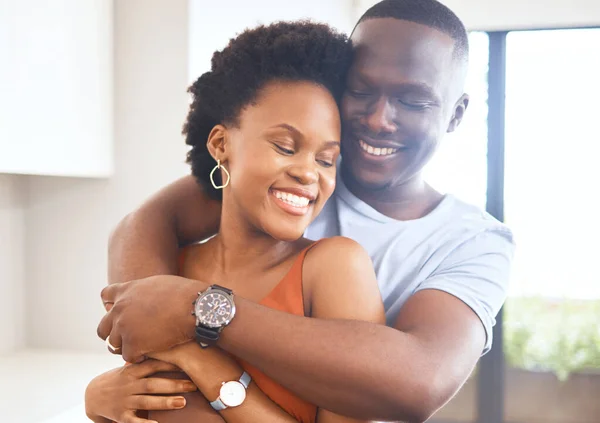 Best Thing Hold Life Each Other Young Couple Hugging Kitchen — стоковое фото