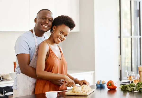 She Fits Glove Young Couple Hugging Kitchen Making Food Home — Stock Photo, Image