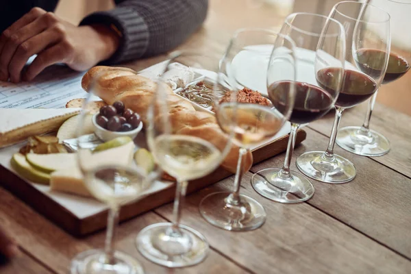 Have Variety Wines You Try Man Enjoying Cheese Platter Tasting — kuvapankkivalokuva