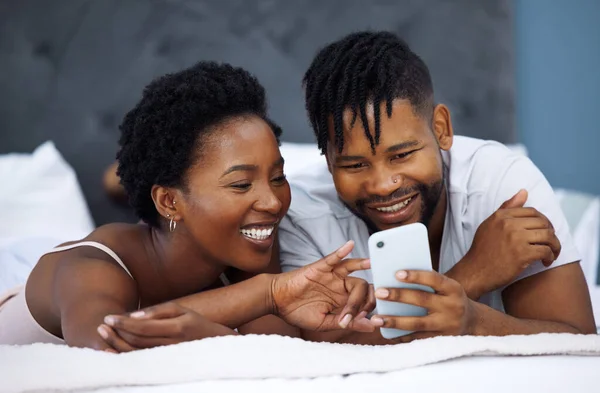 Strong Connection Comes Strong Marriage Young Couple Using Smartphone Bed — Fotografia de Stock