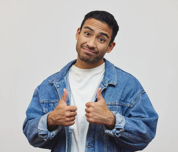 Back Cropped Portrait Handsome Young Man Giving Thumbs Studio Grey — Stockfoto