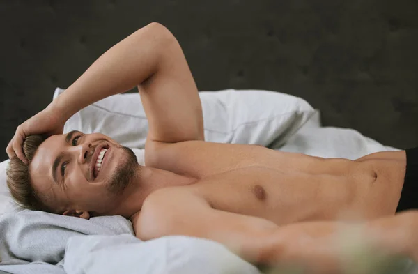 What Dream Handsome Muscular Young Man Looking Thoughtful While Lying — Photo