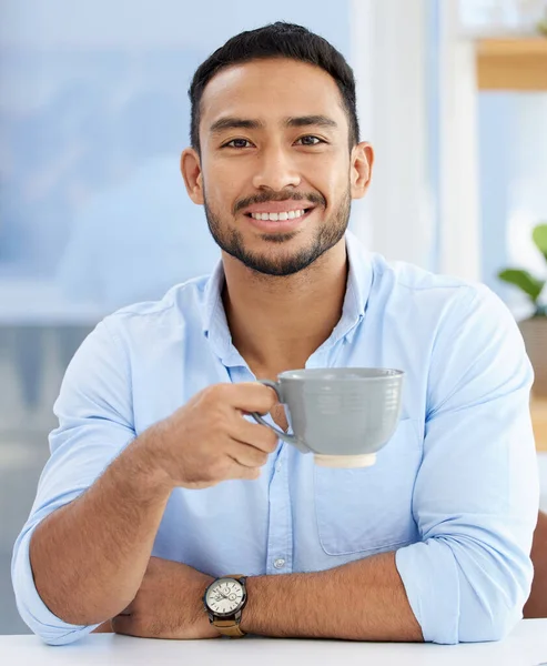 Caffeine Keeps Going Young Businessman Drinking Cup Coffee Work — Stok fotoğraf