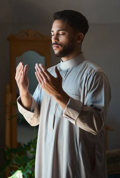 Prayer Enlarges Heart Young Muslim Man Praying Lounge Home —  Fotos de Stock