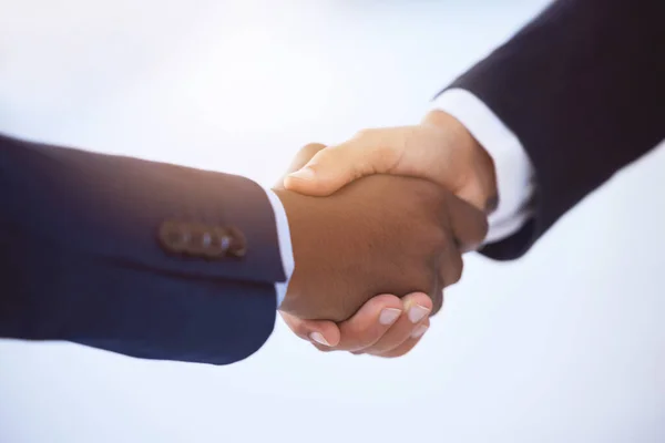 Young Believer Hold Broke Demeanour Two Unrecognizable Businessmen Shaking Hands — Foto de Stock