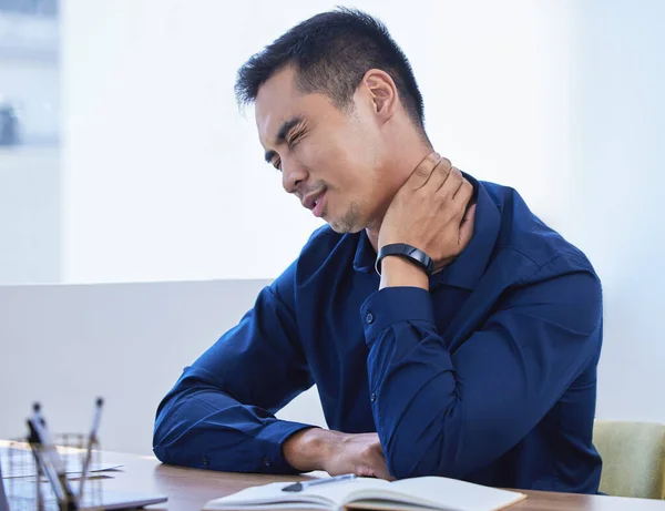 Could Cry How Painful Young Businessman Experiencing Neck Pain While — Stock Photo, Image