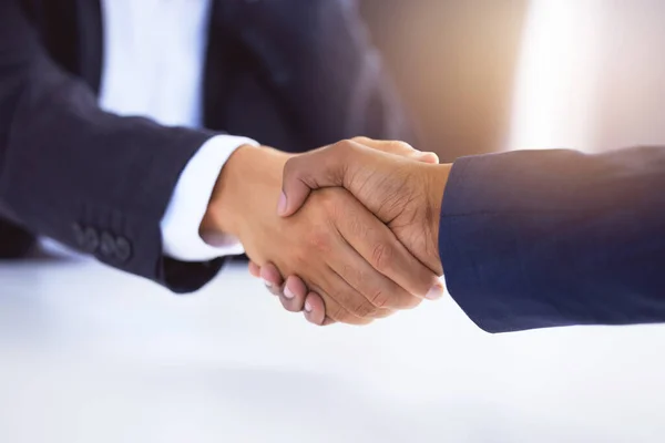 Luckily Were Lucky Two Unrecognizable Businessmen Shaking Hands Modern Office — Foto Stock