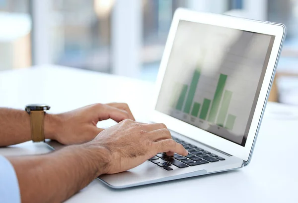 Let Figures Show Growth Businessman Using Laptop Work — Stok fotoğraf