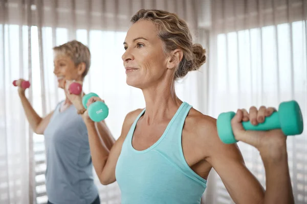 Man Dreams Woman Mature Women Exercising Together Home — Stock Fotó