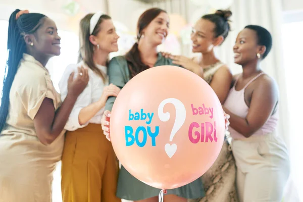 Excited Find Out Group Women Pop Balloon Gender Reveal Baby — 图库照片