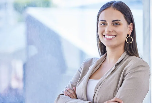 Confident Capable Achieving Best Portrait Confident Young Businesswoman Standing Office — Zdjęcie stockowe