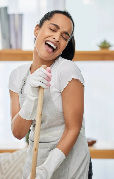 Happiness Clean Home Attractive Young Woman Standing Singing While Using — Stok fotoğraf