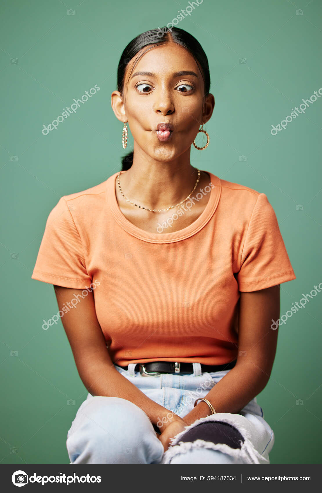 Quirky Woman Making Funny Face Shot Studio Background — Stockfotografi ©  PeopleImages.com #594187334