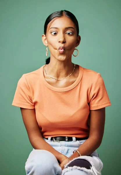 Quirky Woman Making Funny Face Shot Studio Background — 스톡 사진