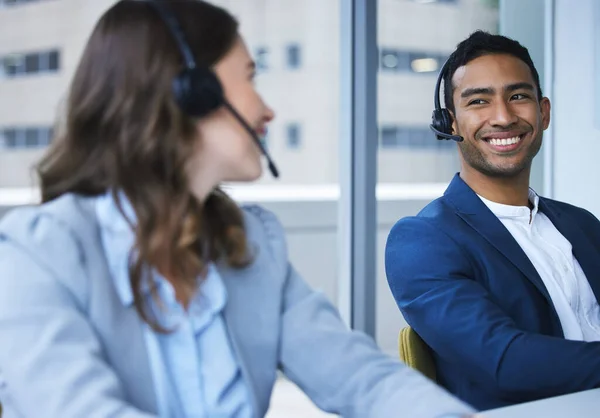 Share Passion Helping People Two Young Call Center Agents Working — Stockfoto
