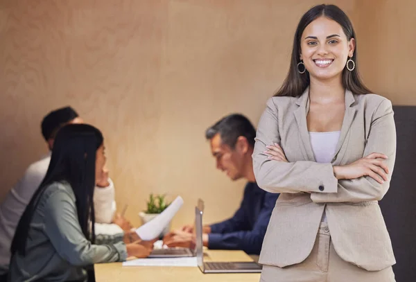 Always Happy Boardroom Cropped Portrait Attractive Young Businesswoman Standing Her — Stock Fotó